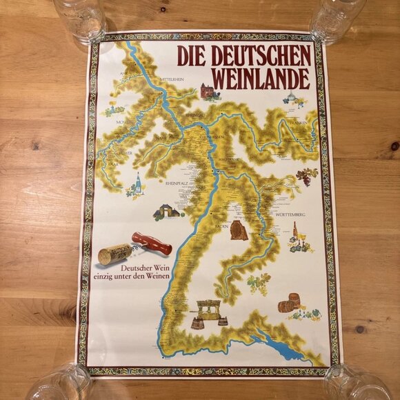 Vintage Die Deutschen Weinland German Wine Region Poster Print 1970s 26”x19” - Picture 1 of 6